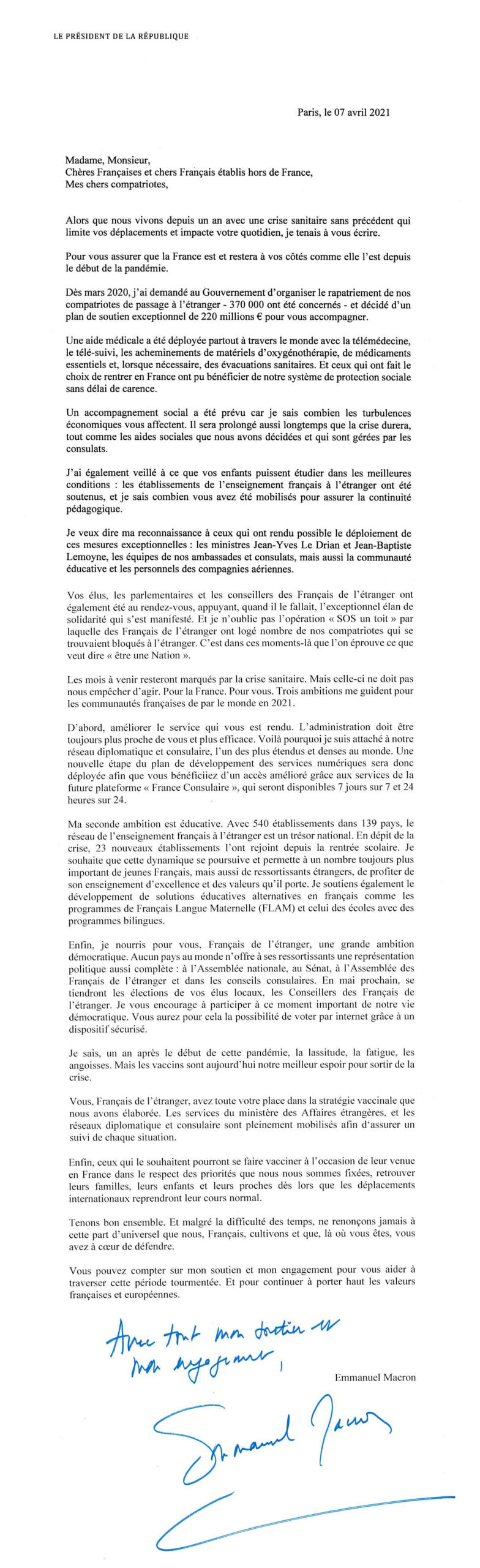 Alexandre Col Article Lettre Du President Aux Francais De L Etranger